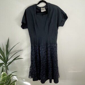 Vintage 50s Navy Blue Satin Dress Lace Skirt Young Viewpoint NY sz 10